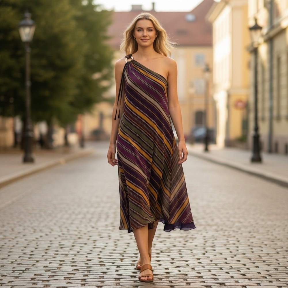 Lauren Ralph Lauren Dress Womens 2 Purple Multi Stripe One Shoulder Asymmetrical
